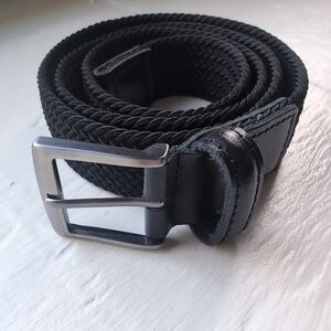 Unisex black braided fabric and real leather belt with silver toned buckle